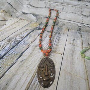 Vintage Tribal Mask Textured Pendant Necklace Statement Piece Beaded 10" x 3"